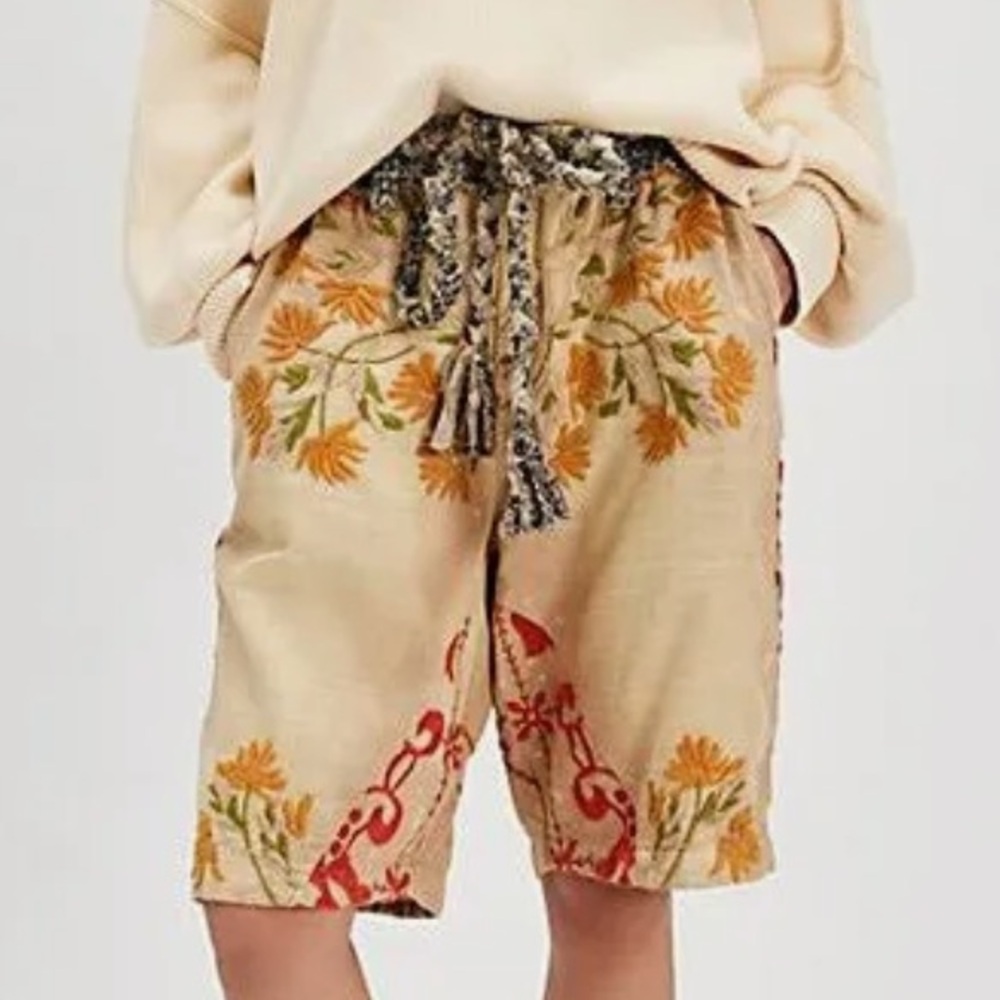 Free People Augusta Floral Embroidered Tan Braid Tie Boho Shorts - Picture 2 of 16